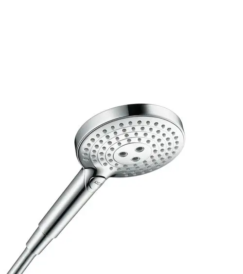 Handbrause mit runder, flacher Kopfpartie und mehreren Düsen zur Strahlregulierung. Das Design ist in Edelstahl-Optik gehalten. Hersteller ist AXOR.